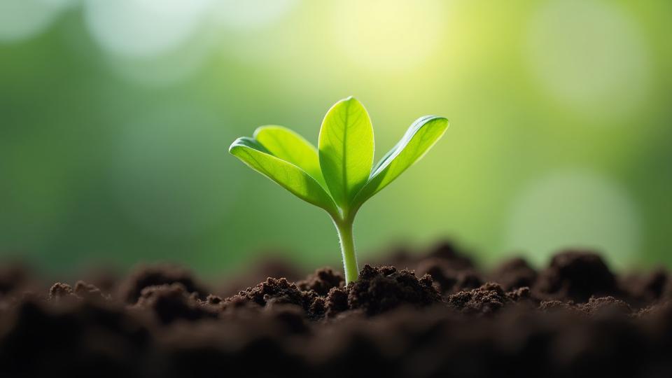 A vibrant green seedling growing in fertile soil, symbolizing growth and potential, surrounded by blurred office environment