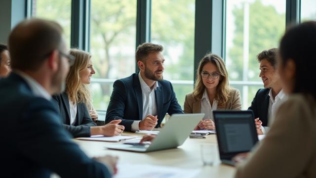 A diverse professional team engaged in a meeting, symbolizing future leadership development.